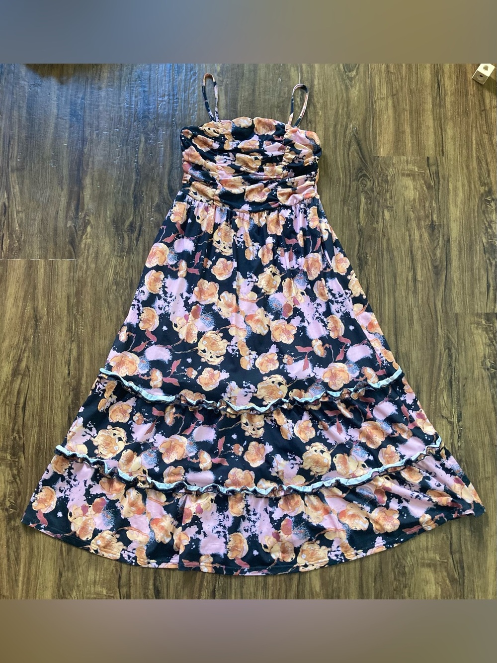 Grace Karin Black Midi Dress with Pink & Peach Floral Print Size Medium